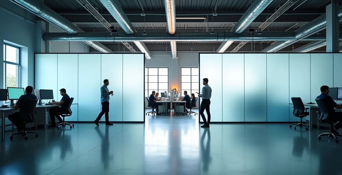 Split view showing engineers at computers on one side and manufacturing floor on other, separated by translucent barrier
