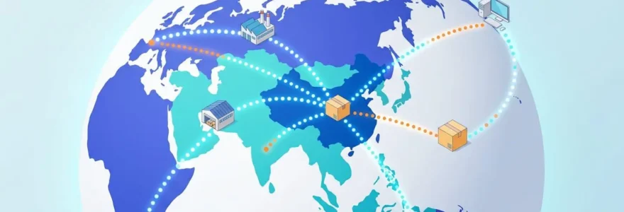 Illustration conceptuelle d'un globe terrestre avec des lignes lumineuses de la Chine vers l'Europe et l'Amérique, symbolisant le processus global de private label et e-commerce.