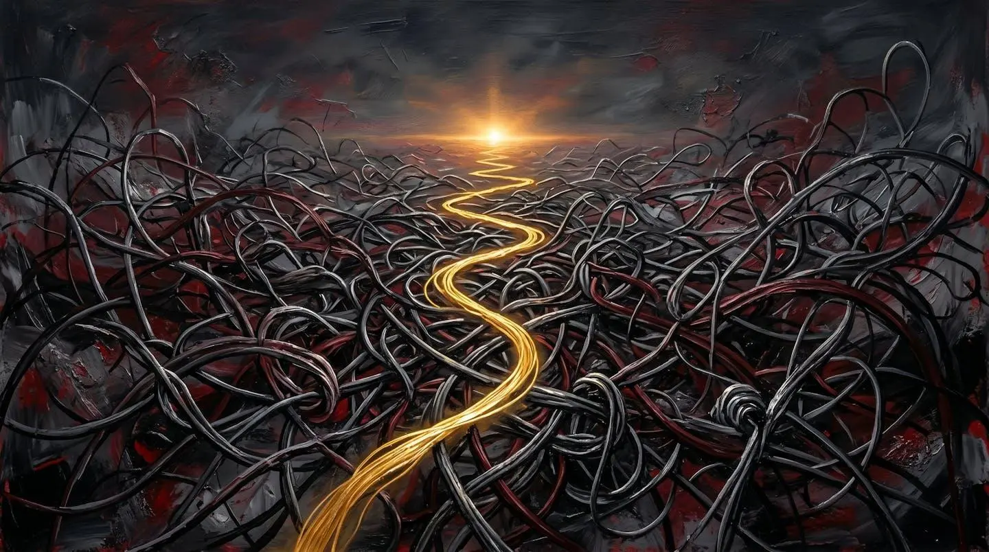 Illustration abstraite d'un labyrinthe de fils emmêlés avec un chemin doré lumineux, symbolisant les défis du private label et leur résolution.